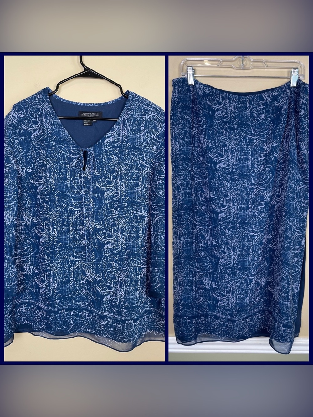 VTG Cynthia Howie Maggy Boutique Woman Silk Blue Blouse and Midi Skirt Set